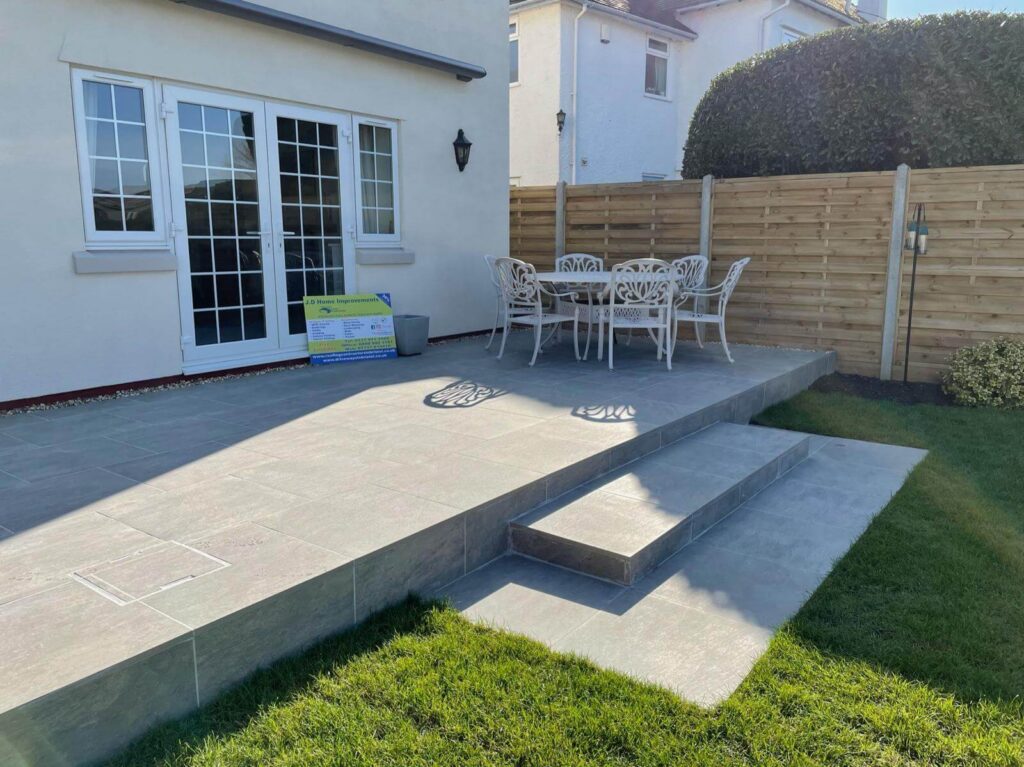 back garden patio with steps